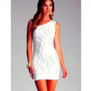 Bebe White And Gold Studs One Shoulder Dress